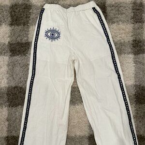 Boutique White Evil Eye Linen Pants Embroidered Lounge Pants (S)